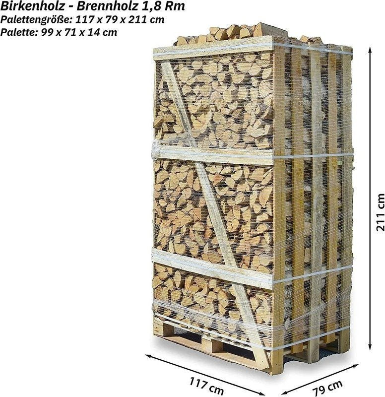 Brennholz Birke 25 cm – 1,8 Raummeter auf Palette, kammergetrocknet & ofenfertig